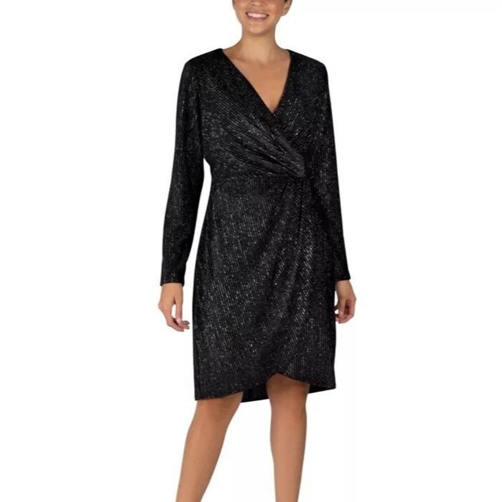 Julia Jordan Womens 8 Black Silver Faux Wrap Knee Length Dress NWT CI23